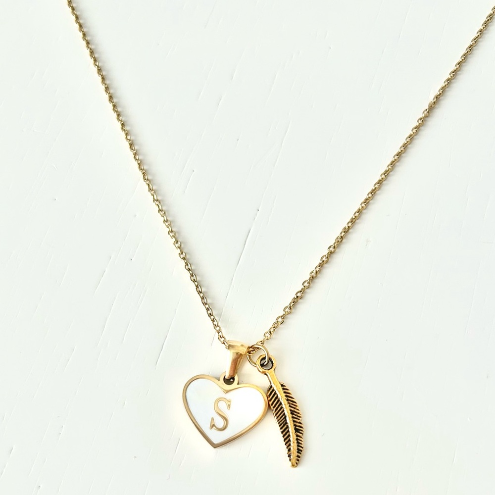 Initial Letter Necklace. S. Gold Heart and Feather 14k Gold Plated